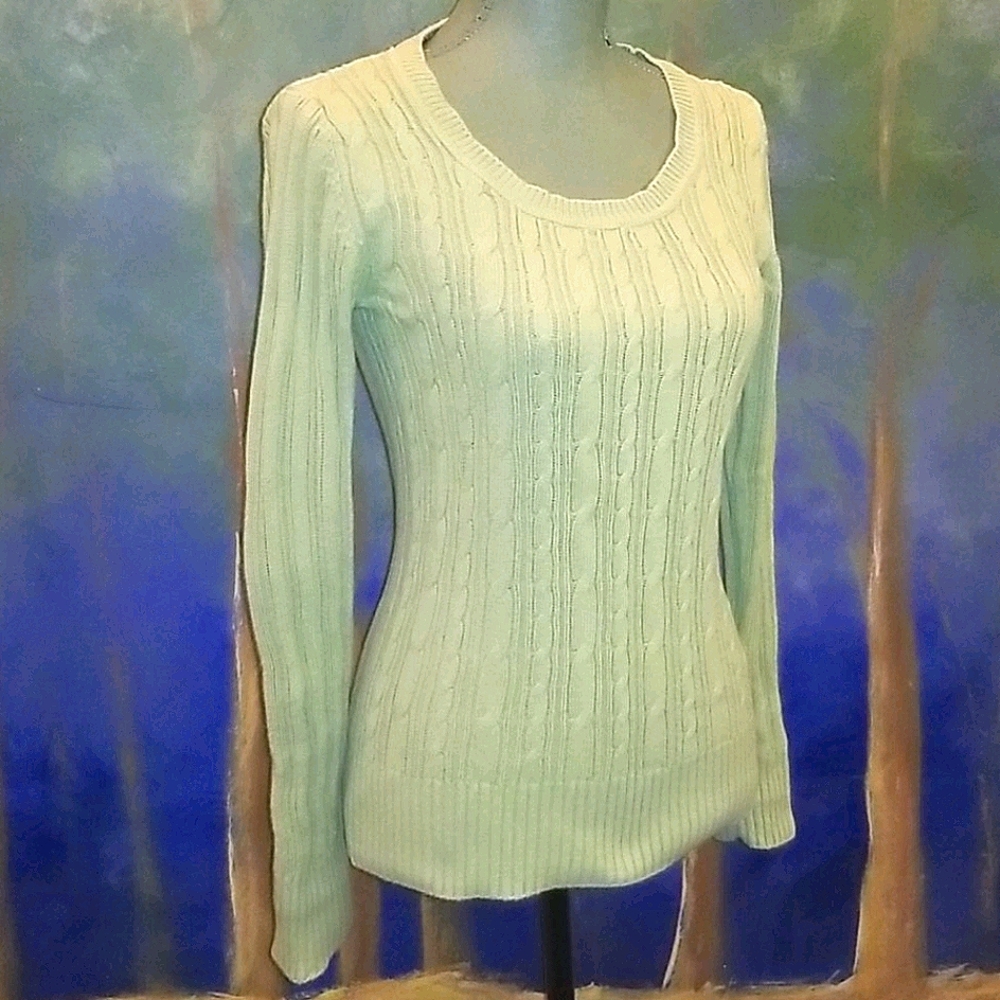 Lime green, snug fitting, soft cable knit sweater